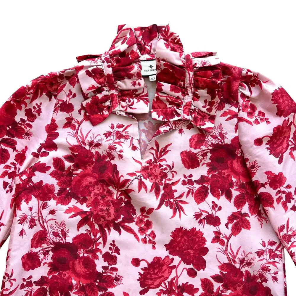 Tuckernuck‎ Zinnia Bloom Bouvier Blouse | Size XXS | Red Floral Ruffle Neck
